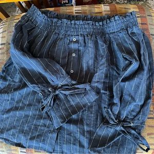 LUCKY BRAND Coastal Navy Pin-Striped Shoulder Blouse